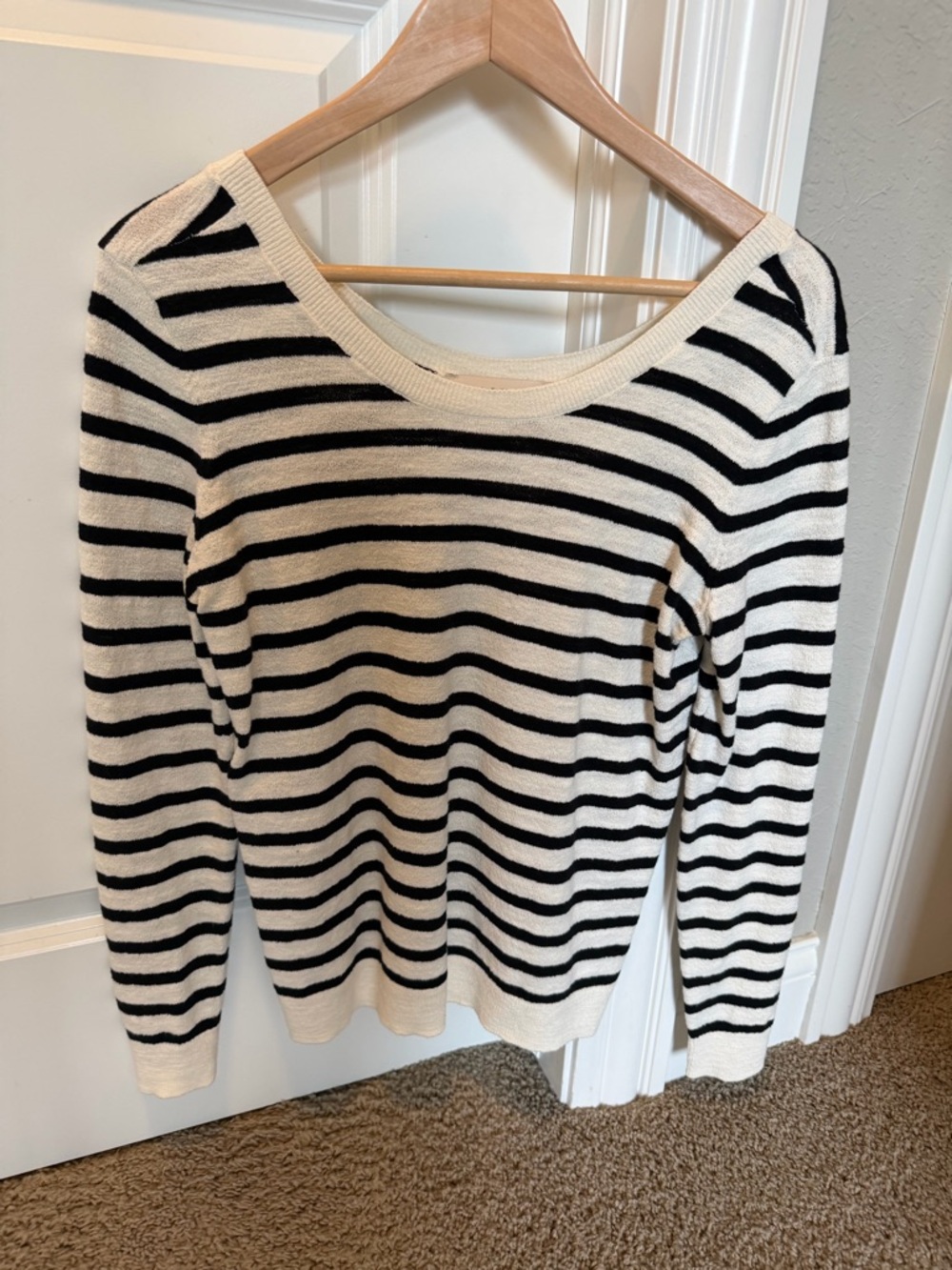 LOFT Black and Cream Striped Scoop-Neck Sweater